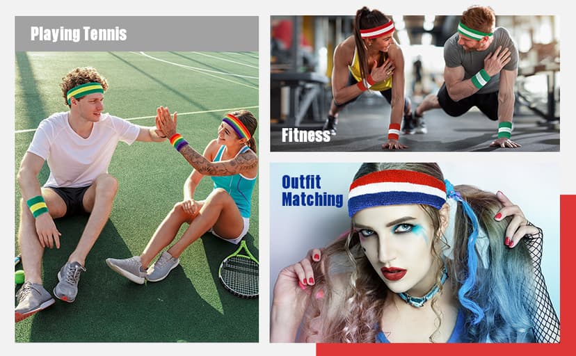 Bememo 6 Pcs Neon Striped Sports Sweatbands Set Include 2 Headbands, 4 Wristbands Terry Cloth Athletic Bands for Men, Women, Gym, Sports, Lgbt Pride Parade