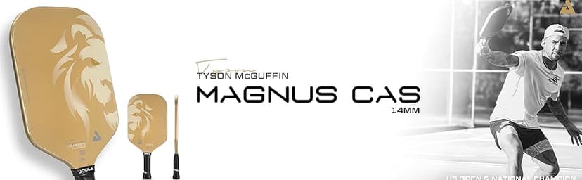 JOOLA Magnus CAS 14mm Pickleball Paddle - Gold Tyson McGuffin Lion Paddle - Edgeless Design & Short Handle - Lightweight Double Frame Carbon Fiber Core - Extra Long Length - Carbon Surface Adds Spin