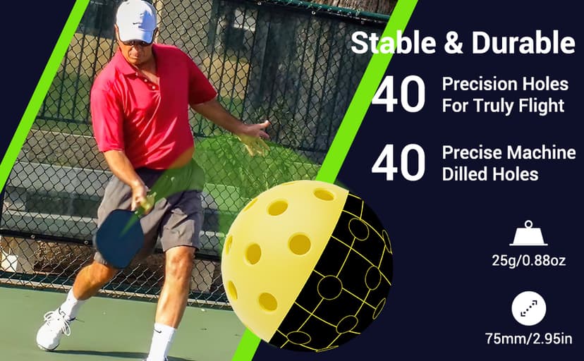 USAPA Approved Outdoor Yellow 40-Hole Pickleballs, 12-Pack in Mesh Bag with High Elasticity