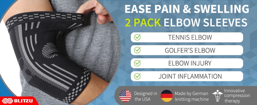 BLITZU 2 Pack Elbow Compression Sleeve, Tennis Elbow Brace Support for Golfer's, Arthritis, Bursitis & Tendonitis Treatment & Pain. Great for Gym Workout, Weightlifting. Black Large.