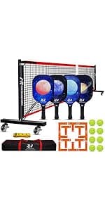 Pickleball Set with Net for Driveway, Portable Regulation Size Pickleball Net System with Paddle Set of 4, Outdoor Pickleballs, Carry Bag, Weather Resistant Metal Frame