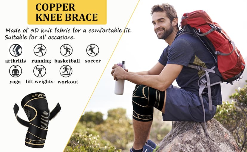 Copper Knee Braces with Strap for Knee Pain Women and Men(2 Pack), Knee Compression Sleeve for Arthritis, ACL, Meniscus Tear, Joint Pain Relief, Knee Support for Working, Running, Weightlifting(L)