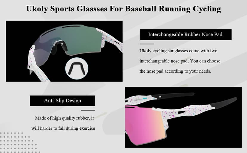 Ukoly Cycling Sunglasses for Men Women with 3 Interchangeable Lenses, Polarized Sports Sunglasses, Baseball Sunglasses
