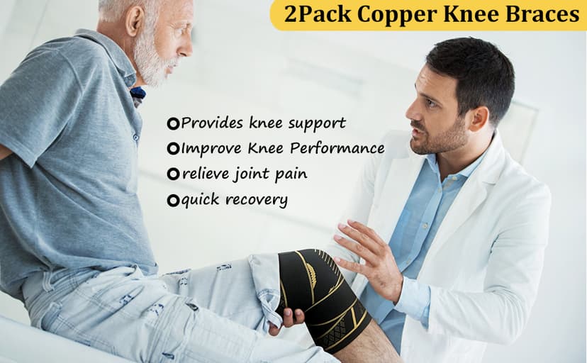 Copper Knee Braces with Strap for Knee Pain Women and Men(2 Pack), Knee Compression Sleeve for Arthritis, ACL, Meniscus Tear, Joint Pain Relief, Knee Support for Working, Running, Weightlifting(L)