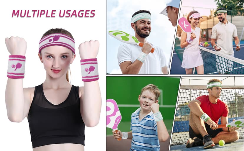 KOFULL Pickleball Accessories, Pickleball Gifts for Women and Men, Cotton Sweat Bands Headband Set for Pickleball, Tennis, Golf, Yoga Sports, Green
