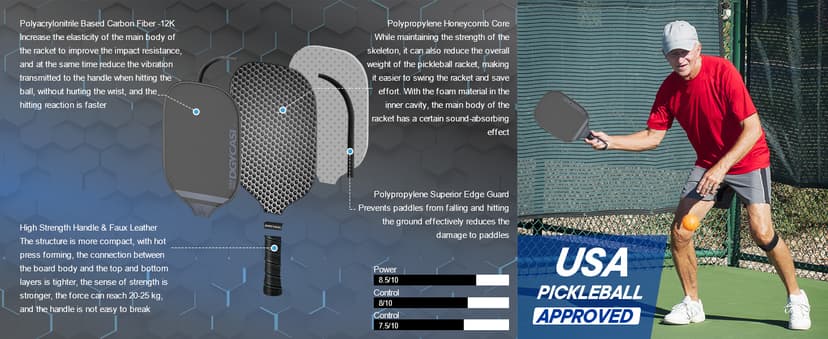 YC DGYCASI 16mm Pickleball Paddles Professional, 2025 USAPA Approved T700 Carbon Fiber Surface Pickle Paddle(CFS), Polypropylene Lightweight Honeycomb Core, Cushion Comfort Grip, with Cover Case Black