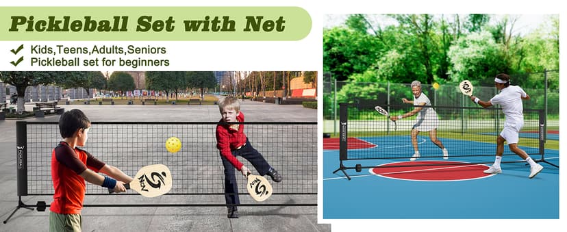 NQV Pickleball Set with Net-10FT Half Court Size Pickleball Net+Wood Pickleball Paddles+Pickle Balls+Ball Retrievers, Portable Outdoor Driveway Indoor for Adults Beginners