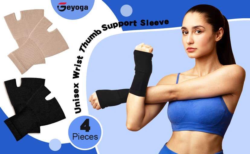 Geyoga 4 Pcs Unisex Wrist Thumb Support Fingerless Compression Gloves Wrist Support Brace for Sports, Fits Small-Check Size Chart Before Ordering(Black, Nude Color,5.9-6.7 Inch)