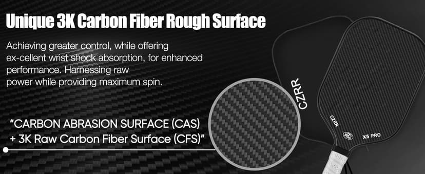 CZRR Pickleball Paddle, USA Pickleball Approved, 3K Raw Carbon Fiber Surface (CFS) High Grit & Spin, with 16MM Polypropylene Honeycomb Core, Ideal for Novice and Professional Players