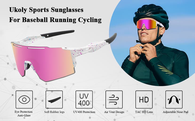 Ukoly Cycling Sunglasses for Men Women with 3 Interchangeable Lenses, Polarized Sports Sunglasses, Baseball Sunglasses