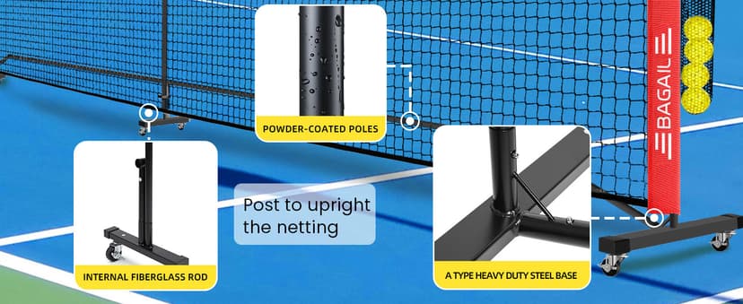 BAGAIL Portable Pickleball Net Set with Wheels, 22 FT Regulation Size & 11 FT Half Court Size 2-in-1 Pickle Ball Net with Ball Collector, Carry Bag, 4 Pickle Balls, Easy Setup for Outdoor Indoor