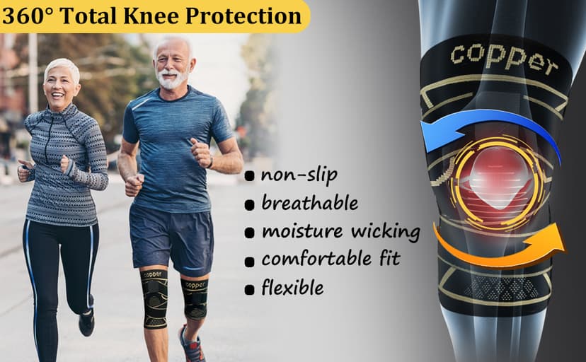 Copper Knee Braces with Strap for Knee Pain Women and Men(2 Pack), Knee Compression Sleeve for Arthritis, ACL, Meniscus Tear, Joint Pain Relief, Knee Support for Working, Running, Weightlifting(L)