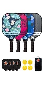 Amazin' Aces Graphite Pickleball Paddles Set - Single, 2 or 4 Paddles, Honeycomb Polymer Core with Comfy Cushion Grip - Varying Accessories Including Pickleballs, Pickleball Bag & Paddle Cover