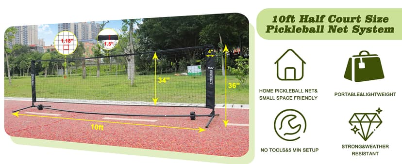 NQV Pickleball Set with Net-10FT Half Court Size Pickleball Net+Wood Pickleball Paddles+Pickle Balls+Ball Retrievers, Portable Outdoor Driveway Indoor for Adults Beginners