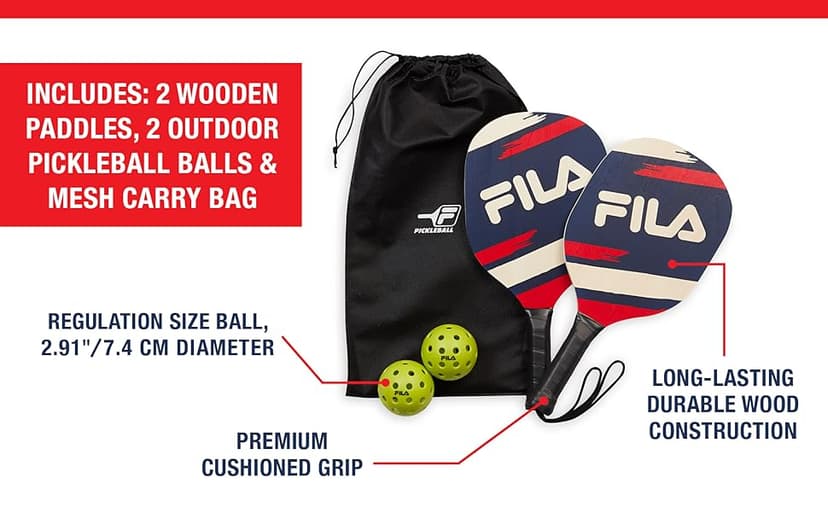 FILA Accessories Pickleball Paddles Set of 2 - Includes 2 Pickleball Rackets, 2 Outdoor Pickleball Balls, Pickleball Racket Game Equipment Mesh Bag