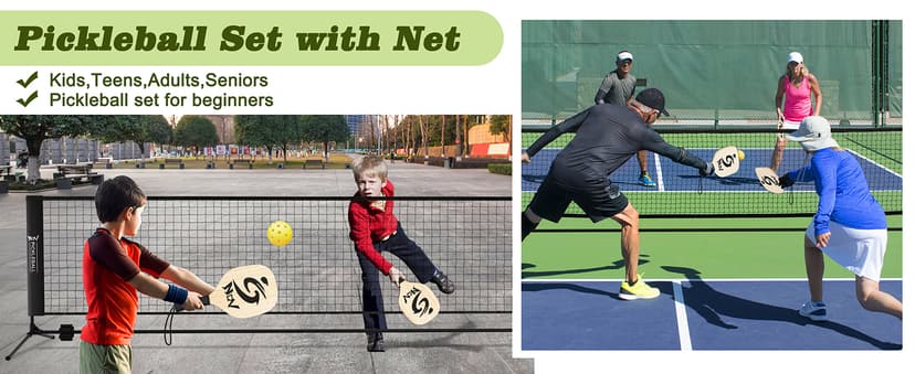 NQV Pickleball Set with Net,10FT Half Court Size Pickleball Net Portable Outdoor Indoor Driveway Home+4 Wood Paddles+4 Pickle Balls+4 Ball Retrievers, Pickleball Set for Adults Kids Beginners Pros