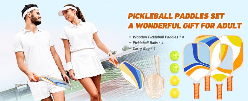 Pickleball Paddles Set of 4, Premium Wood with 4 Indoor & Outdoor Pickleball Balls and 1 Carry Bag, Pickleball Rackets with Ergonomic Cushion Grip for Beginner & Professional Gifts for Women Men Youth