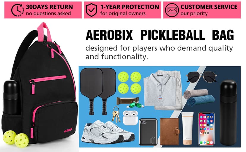 AEROBIX Pickleball Bag for Women & Men, Pickle Ball Backpack - Upgraded Zippers, Large Capacity, Padded Paddle Pocket, Adjustable Sling Bag (No Accessories)