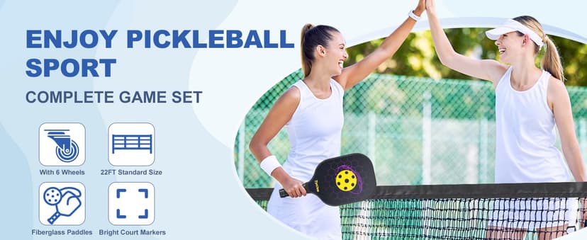 Pickleball Net Set, Pickleball Net on Wheels for Driveway Backyard, 22FT Regular Size, 4 Pickleball Paddles & 6 Balls, 12 Court Markers, 1 Carry Bag, Pickleball Set for Indoor Outdoor Play