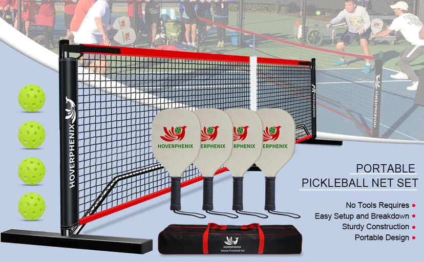 Pickleball Set with Net for Driveway, Portable Regulation Size Pickleball Net System with Paddle Set of 4, Outdoor Pickleballs, Carry Bag, Weather Resistant Metal Frame