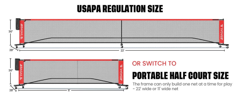 BAGAIL Portable Pickleball Net Set with Wheels, 22 FT Regulation Size & 11 FT Half Court Size 2-in-1 Pickle Ball Net with Ball Collector, Carry Bag, 4 Pickle Balls, Easy Setup for Outdoor Indoor