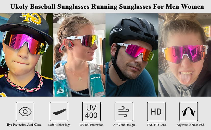 Ukoly Cycling Sunglasses for Men Women with 3 Interchangeable Lenses, Polarized Sports Sunglasses, Baseball Sunglasses