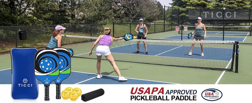 T TICCI Pickleball Paddles Set of 2, USAPA Approved Fiberglass Pickle Ball Paddles with 4 Pickleballs, Lightweight Rackets for Adults & Kids, Includes Carry Bag & Net Bag for Men, Women, Beginners,